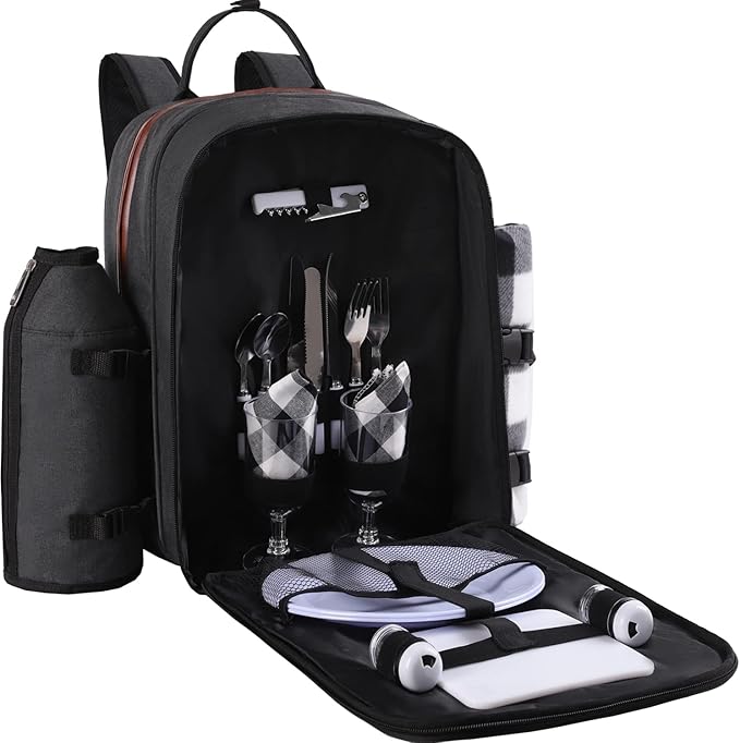 ALLCAMP OUTDOOR GEAR Picnic Backpack for 2 Person Set W/Detachable Bottle/Wine Holder, Fleece Blanket, Plates and Cutlery Set (Black)