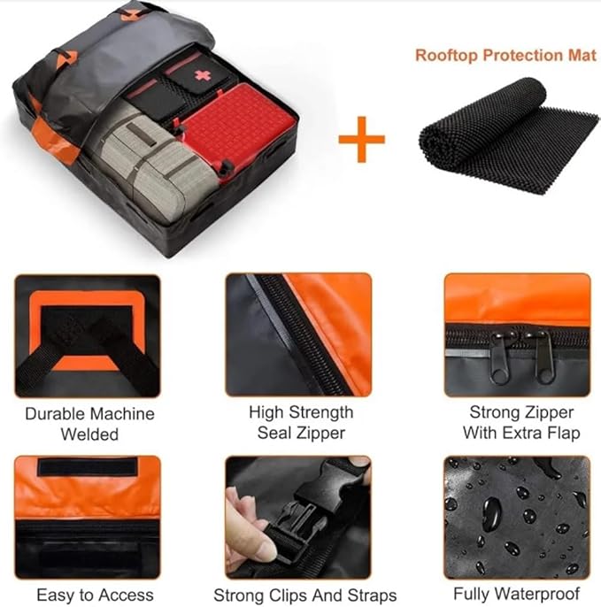 Waterproof Rooftop Cargo Bag All Weather Roof Rack Carrier Heavy Duty Cross Bars Adjustable Strap 55" W x 35" D x 15" H Soft Car Foldable Luggage Storage Universal Fit SUV Trunk Pickup Truck Bed
