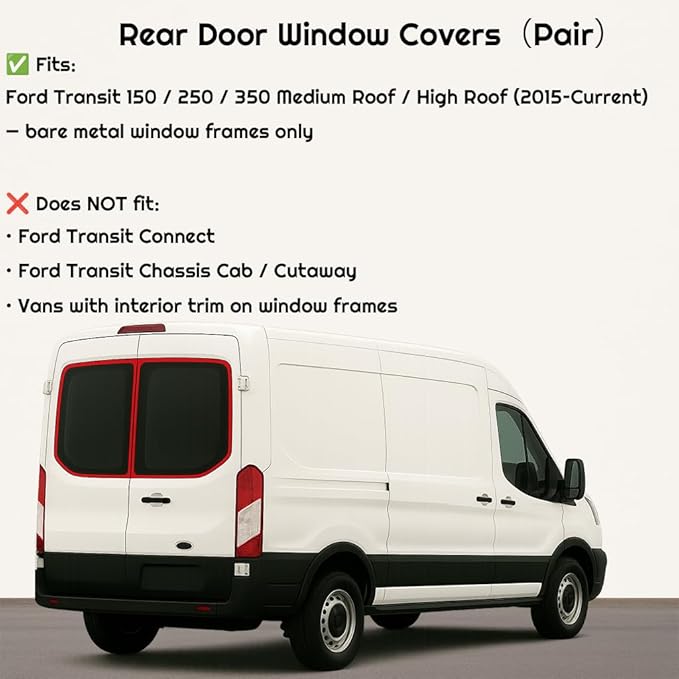 Magnetic Insulated Rear Door Window Covers (Pair) for 2015-2026 Ford Transit Medium and High Roof Vans with NO Plastic Trim, Blackout Privacy Sun Shades for Stealth Camping – Dark Gray