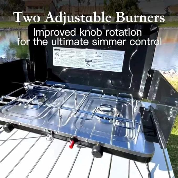 FineFlame Camping Stove, 2 Burners Portable Propane camp Stove with Regulator, Integrated Igniter & Stainless Steel Drip Tray & Built-in Handle & Foldable Legs for Outdoor Cooking Travel(20000BTU)