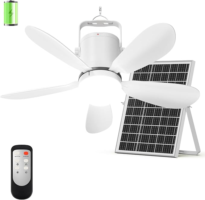 21” Solar Ceiling Fan with Light, Solar Gazebo Fan Light Outdoor with Remote, Portable Rechargeable Battery Operated Camping Fan, for Outside Canopy Tent Porch Patio Greenhouse RVs Pergola