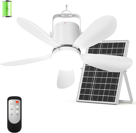21” Solar Ceiling Fan with Light, Solar Gazebo Fan Light Outdoor with Remote, Portable Rechargeable Battery Operated Camping Fan, for Outside Canopy Tent Porch Patio Greenhouse RVs Pergola