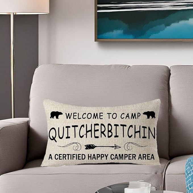 Welcome to Camp Life is Best When You are Camping Wild Life Animal Bear Decorative Throw Pillow Cover Cushion Case Cotton Linen Lumbar for Outdoor Sofa Bed Couch 12X20 inches (Beige 02)