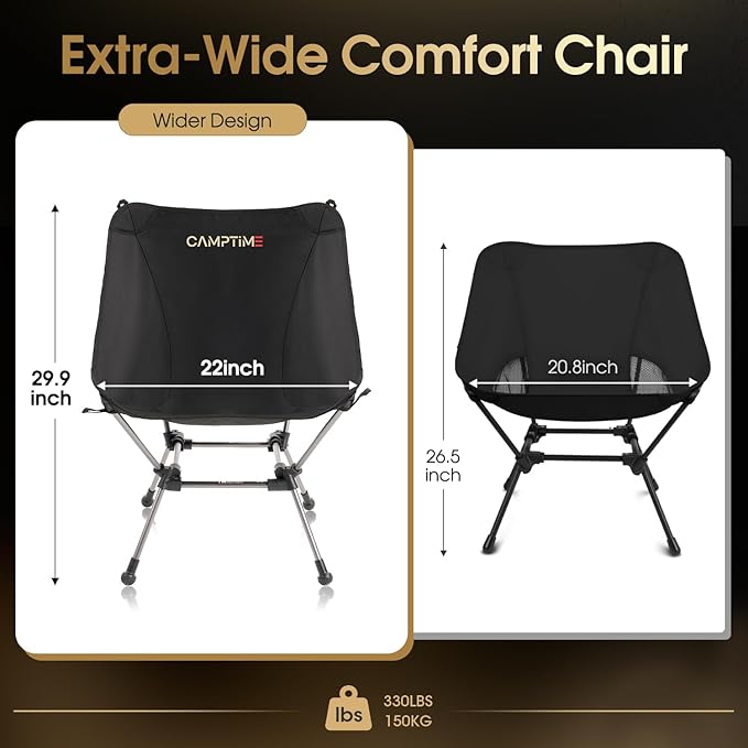 Camptime Portable Camping Chair Plus, Larger & Roomier, Compact and Lightweight, Folding Chair for Backpacking & Hiking, 330Lbs Capacity, Black