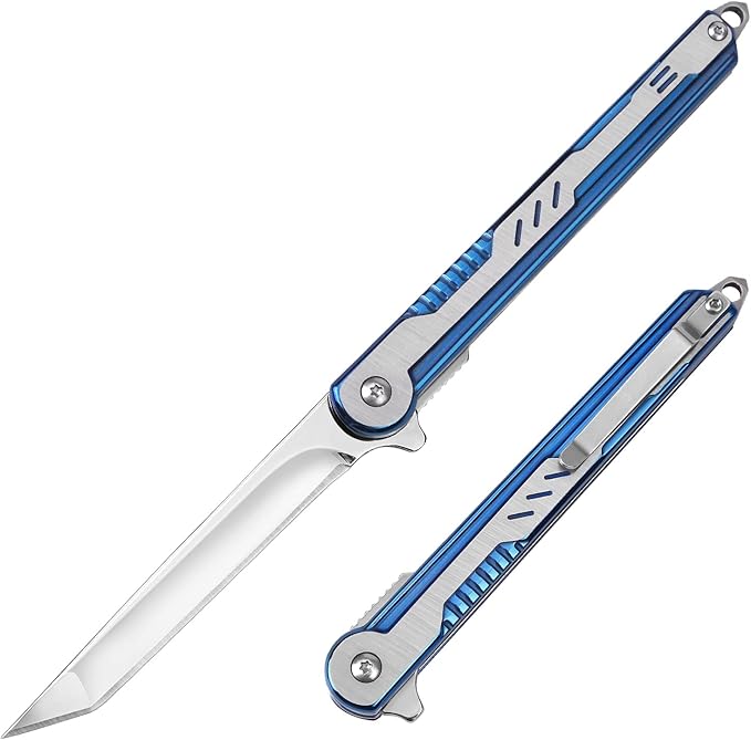 FUNBRO EDC Pocket Knife for Womens, Tanto Folding Knives with 7CR13Mov Stainless Steel Blade, Cool Survival Knife with Clip, Window Breaker, Flipper Open and Liner Lock for Outdoor Camping (Blue)