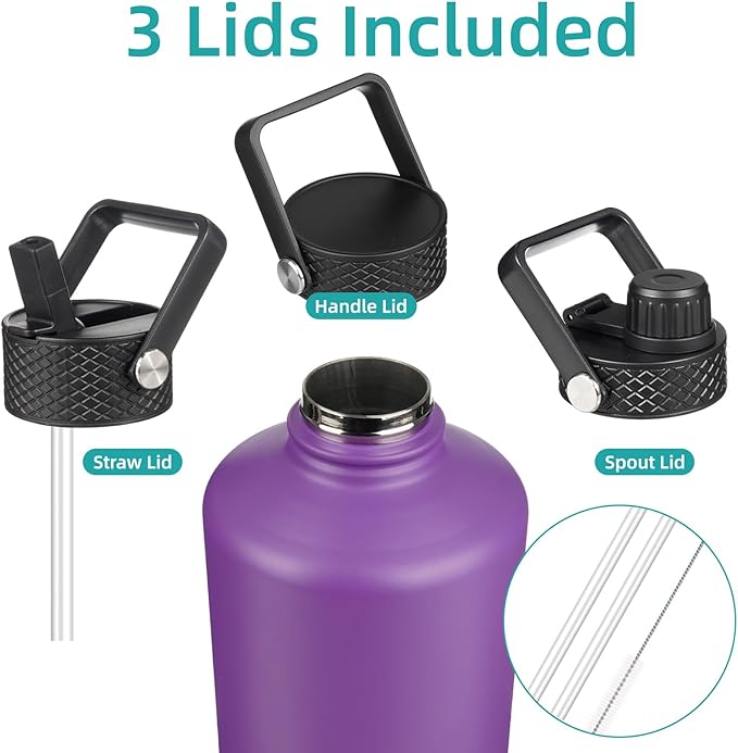 Konokyo Gallon Insulated Water Bottle with Straw,128 oz 3 Lids Water Jug with Carrying Bag,Paracord Handle, Double Wall Vacuum Stainless Steel Metal Flask,Purple