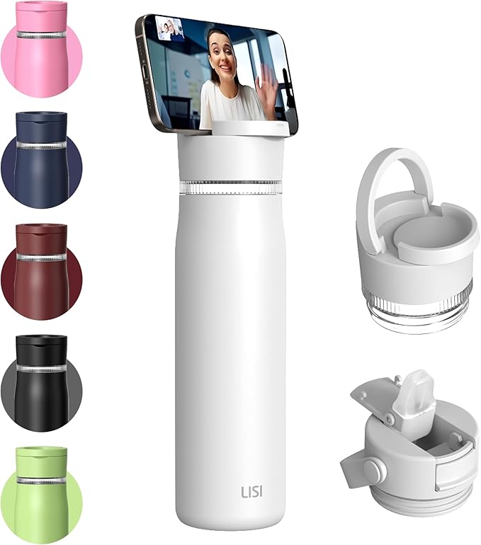 LISI 24oz Insulated Water Bottle, Double Wall Stainless Steel Water Bottles with Straw, 100% Leak-Proof Travel Thermal Canteen Mug with 2 Lids (Straw, Phone Holder Lid)
