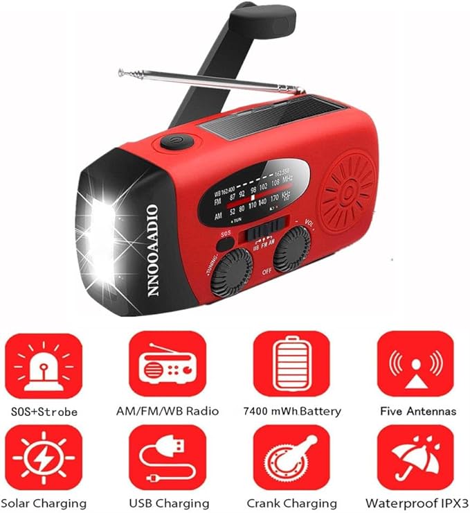 2000mAh SOS Alarm Emergency AM FM Weather Radio, 3LED Type-C Hand Crank Solar Battery Operated Portable Wind Up Radio Flashlight, Cell Phone Charger Survival Kit (Red)