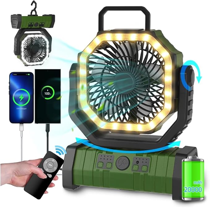 ADUST Camping Battery Powered Fan with LED Light 20000mAh Rechargeable Portable, Oscillating Cordless USB Desk Fan with Rotation Hanging Hook for Tent, Canopy, Beach, Outdoor Travel(Green)