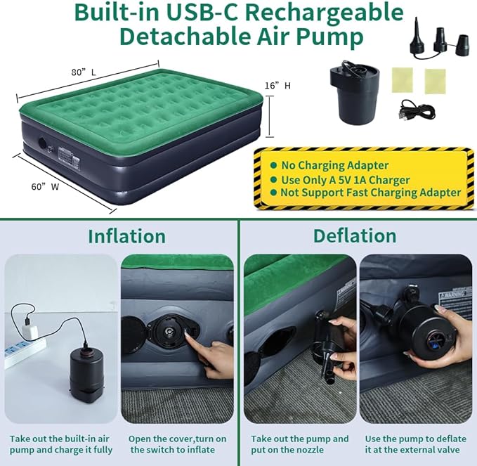 Queen Air Mattress with Built in Pump/USB-C Rechargeable Detachable-16'' Double High Inflatable Air Bed for Camping, Home&Guests, 3 Min Self Inflating/Deflating Top Flocking Blow Up Bed with Carry Bag