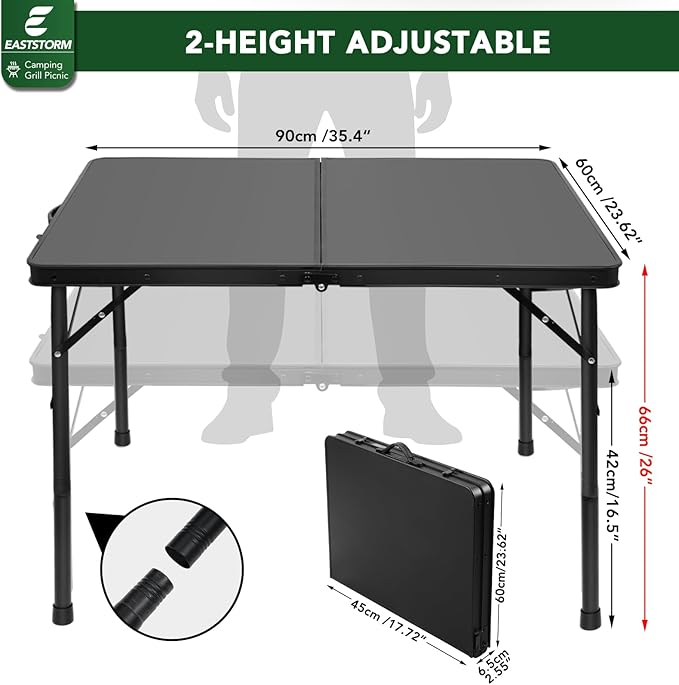 E EASTSTORM 35 inch Folding Table for 4 Person, Heavy-Duty Metal Tabletop, 2 Adjustable Height Camping Table, Portable Outdoor Table with Carrying Handle,for Patio, Picnic, Parties, BBQs, Black