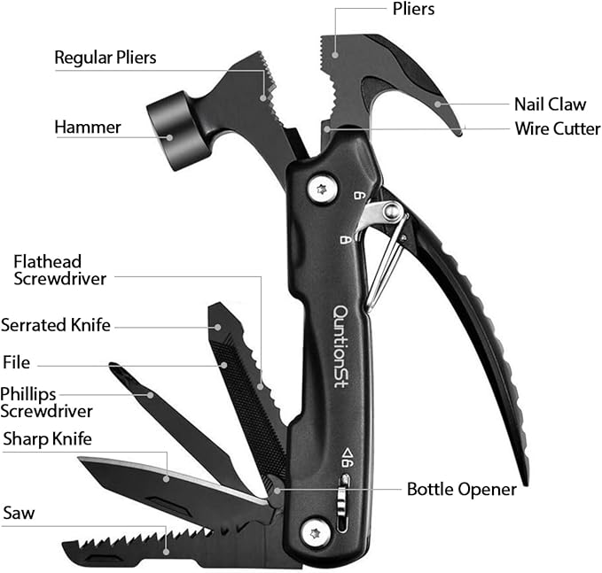 Birthday Gifts for Men,12-in-1 Hammer Multitool,Christmas Stocking Stuffers for Him Adults Dad Husband Boyfriend, Camping Essentials Mens Gift for Him, Fathers Day Gift Idea,Mini Multi Tool