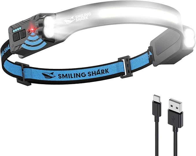 Smiling Shark TD-0123-S Headlamp, 2400mAh Ultra-Bright Head Lamp Flashlight Rechargeable with Hands-Free Motion Sensor, Multi-Mode LED Head Lamp with 270°Rotated for Outdoor, Camping, Hiking, Running