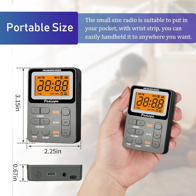 Portable Radio AM FM, Rechargeable Pocket Speaker with Best Reception Digital Tuning, MP3, Stereo Earphone, Large LCD Screen, TF Card Socket, Transistor Radio for Jogging/Gym/Camping (Grey)