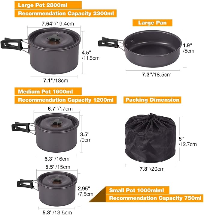 REDCAMP 6/10/11/12/14/15/19 PCS Camping Cookware Mess Kit Camping Gear Campfire Utensils Lightweight Stackable Pot Pan Bowls Soup Spoon with Storage Bag for Camping, Backpacking, Outdoor Cooking
