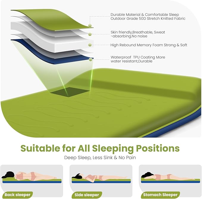 TEKIK Memory Foam Camping Pad, Ultra-Thick Foam Sleeping Pad for Camping with Pillow, 20s Fast self Inflate&Deflate, 9.5 R-Value Insulated Camping Mattress, Suitable for Tent, Car Travel & More