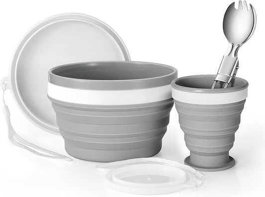 Odoland Camping Collapsible Silicone Cup and Bowl Set, Portable Mess Kit with Stainless Steel Spork and Lid for 1 Person Backpacking, Family Cookware, Hiking, Picnic, Travel