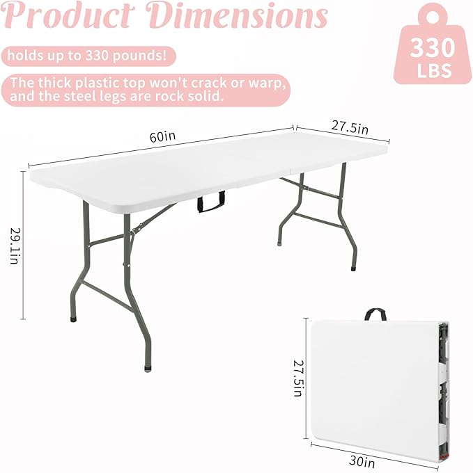 Fivenl 5 Feet Portable Folding Table White, Steel Legs Fold-in-Half with Carrying Handle Rectangular Plastic Foldable Table for Party, Wedding, Camping, Picnic, Dining, Indoor Outdoor Events