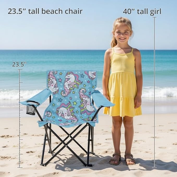 Emily Rose Sea Unicorns Kids Folding Camp Chair – Lightweight Portable Toddler Beach Chair Ages 2-7 with Safety Lock, Cup Holder & Carry Case, 125 lb Capacity for Girls Outdoor Adventures