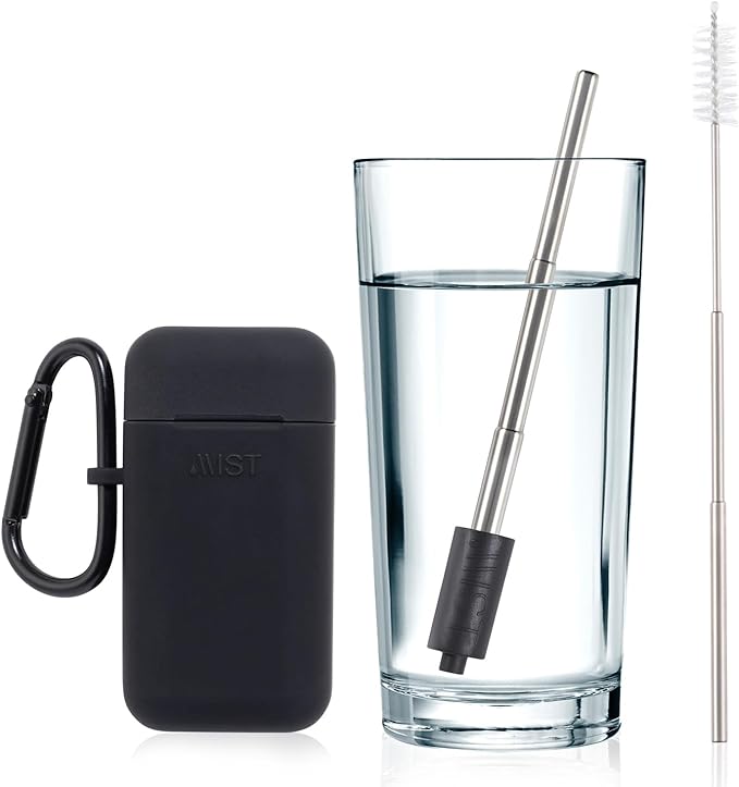 Mist Reusable Straw, Collapsible Reusable Metal Water Filtering Straw Removes Chlorine & Odor, BPA-Free, Portable, Stainless Steel, Filter Straw With Carry Case, Brush, Travel-Friendly, Black