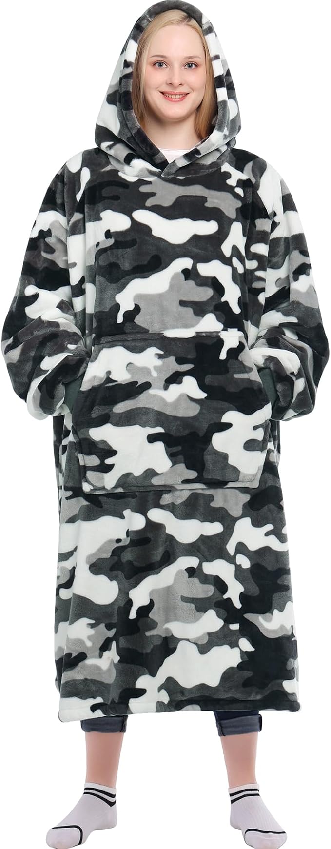 Waitu Wearable Blanket Sweatshirt Gifts for Women and Men, Warm and Cozy Giant Blanket Hoodie, Thick Flannel Blanket with Sleeves and Giant Pocket - Camo