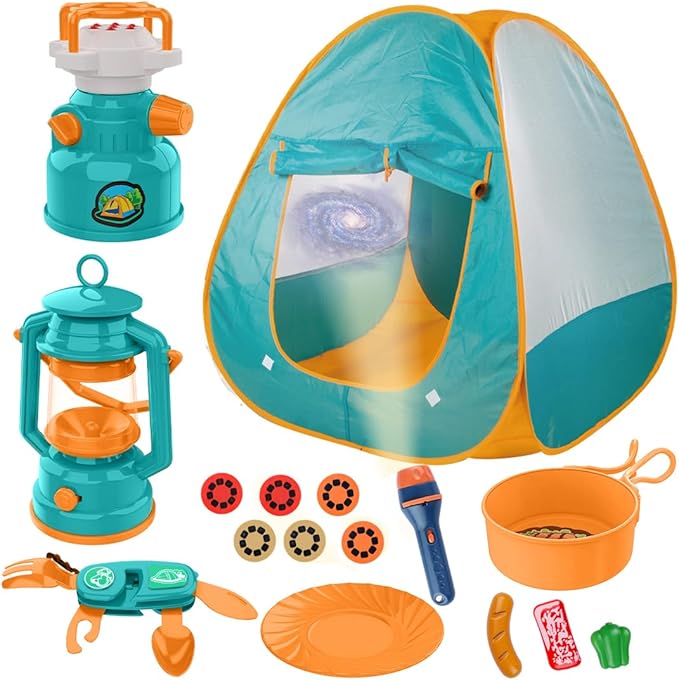 Qtioucp Kids Camping Set Pop Up Play Tent & Space Projector Flashlight- Outdoor Campfire Toy for Toddlers Kids - Pretend Play Camp Gear Tools for Birthday Christmas