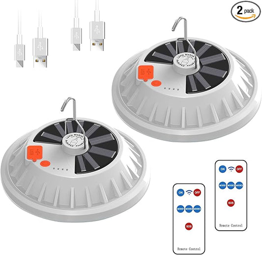 2-Pack Solar Camping Lantern DIBMS LED Portable Solar USB Rechargeable Emergency Flashlight Waterproof Ceiling Lights w/ Remote for Camping Hurricanes Power Outages Homes Indoor Outdoor