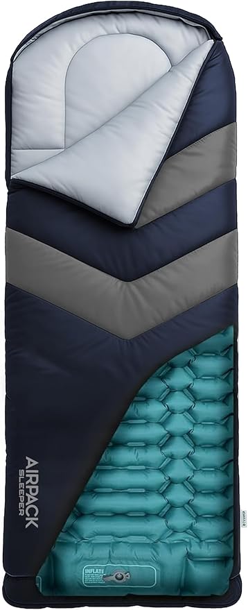 Sleeping Bag with Built-in Pad (AirPack Sleeper) - All-in-One Inflatable Sleeping Pad and Pillow for Camping with Built-in Foot Pump (Blue/Gray) 210x80cm