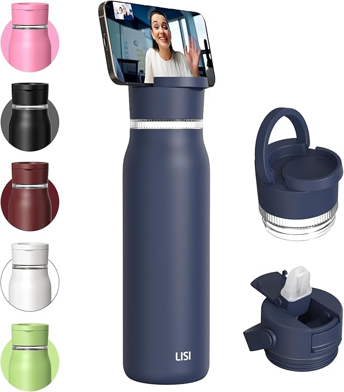 LISI 30oz Insulated Water Bottle, Double Wall Stainless Steel Water Bottles with Straw, 100% Leak-Proof Travel Thermal Canteen Mug with 2 Lids (Straw, Phone Holder Lid)