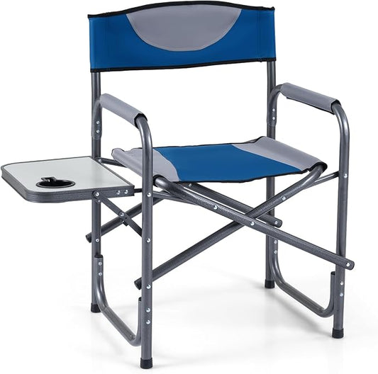 COSTWAY Folding Camping Chair, Lightweight Portable Directors Chair w/Side Table & Cup Holder, Padded Outdoor Heavy Duty Lawn Chair for Fishing, Picnic, Sports, Beach, Max Load 400 lbs (Blue,1)
