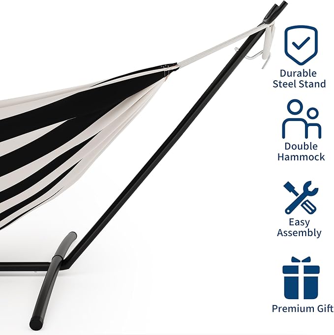 Double Hammock with Steel Stand - 2 Person Hammock Bed Indoor Outdoor, Brazilian-Style, with Carry Bag, 450lb Capacity, Portable & Easy Assembly, Black