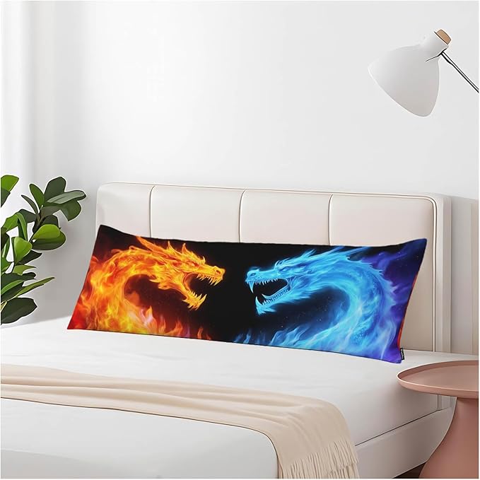 Body Pillow Covers Dragon Body Pillowcase 20"X54", Blue Red Fiery Dragons Couch Side Sleeper Pillow Cases for Home Bedroom, Outdoor Body Cushion Cover for Men Women