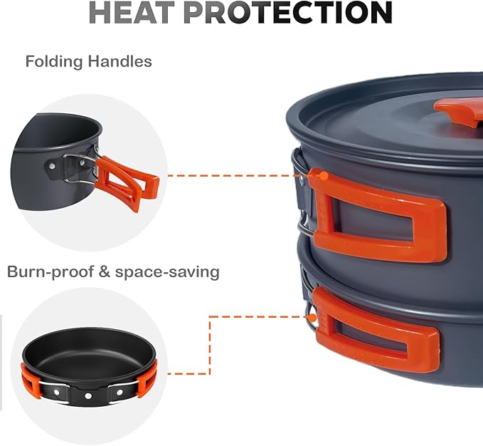 Camping Cookware Set Silicone Handle 10-Piece Lightweight Backpacking Pots and Pans Set, Compact Nesting Camping Cooking Set with Folding Handle for Hiking Family Camping & Outdoor Picnic