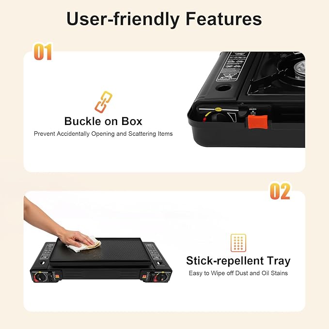 Portable Camping Stove｜24,000 BTU Dual Burner Gas Grill w/Removable Case｜Compact 24.8" Outdoor Cooker for RV Tailgating｜Stainless Steel 2-Burner Butane & LPG Stove (w/Grill Tray)