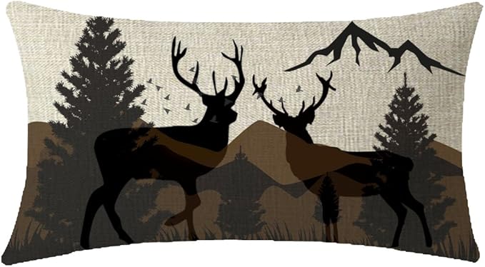 ITFRO Hand-Painted Oil Painting Rustic Forest Wildlife Deer Pine Tree Waist Lumbar Cotton Linen Throw Pillow Case Cushion Cover Long Oblong 12x20 inches (Brown)