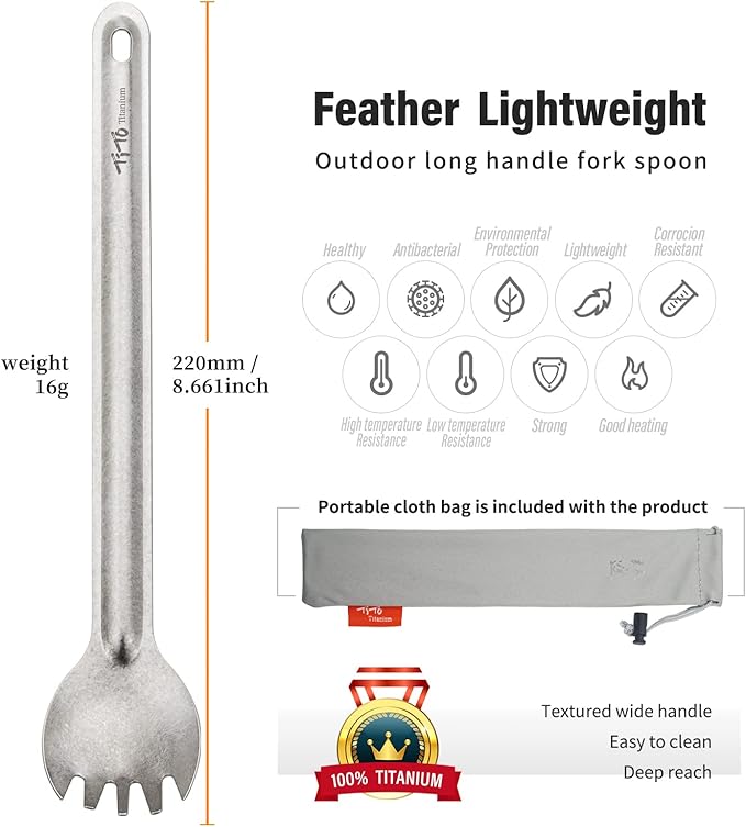 TiTo Titanium Long Handle Spork and Spoon Eco-Friendly Ultralight Portabale Flatware for Outdoor Camping Backpacking Hiking Travel Picnic Tableware with Bag (Bright Titanium Spork)