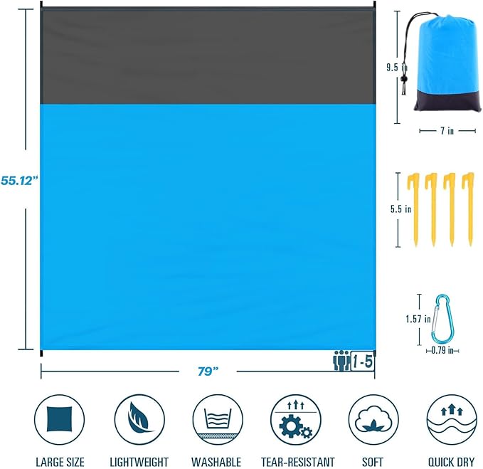 Beach Blanket Sandproof Waterproof, Beach Essentials Extra Large Beach Mat, 79" x 55" Oversized Durable Outdoor Picnic Mat Storage Bag for 1-4 Adults, Beach Accessories for Travel, Camping, Hiking