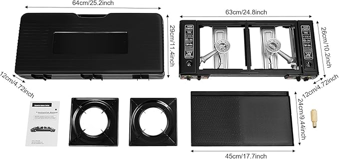 Portable Camping Stove｜24,000 BTU Dual Burner Gas Grill w/Removable Case｜Compact 24.8" Outdoor Cooker for RV Tailgating｜Stainless Steel 2-Burner Butane & LPG Stove (w/Grill Tray)