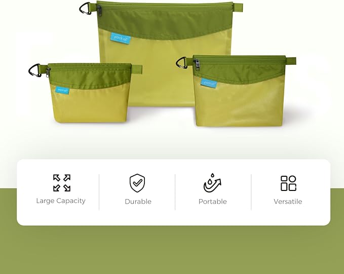 pack all 3 Pcs Water-resistant Material Zipper Pouch Set, Mesh Zipper Bags for Storage, Travel, Office (Green)