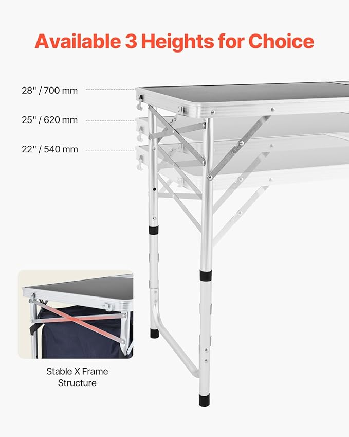VEVOR Camping Kitchen Table, Folding Outdoor Cooking Table, 3 Adjustable Height, Aluminum Lightweight Portable Cook Station with Storage Organizer, Carry Handle, for BBQ Party Picnic RV Travel, Blue