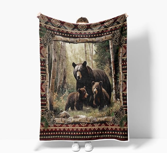 Cabin Throw Blankets, Rustic Farmhouse Hunting Deer Bear Sports Cozy Warm Bed Couch Blanket, Country Wooden Hunting Camping Forest White Fleece Flannel Throws to Decorate The Room and Bedroom
