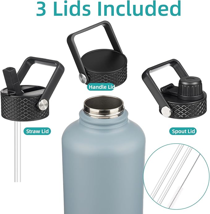 Konokyo Insulated Water Bottle with Straw,50 oz 3 Lids Water Jug with Carrying Bag,Paracord Handle,Double Wall Vacuum Stainless Steel Metal Flask,Storm Blue