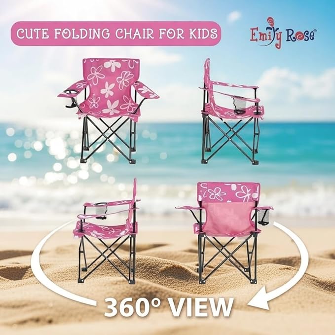 Emily Rose Kids Pink Folding Beach Camp Chair with Cup Holder Safety Lock & Carry Case - Toddler Girls Chair Ages 2-7 Indoor Outdoor Lightweight Portable - Floral Design 125lb Capacity