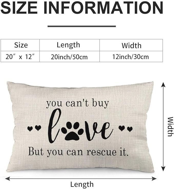 ITFRO Nice Dog Lover Gift to Sister Paw Prints You Cant Buy Love But You Can Rescue It Burlap Cream Throw Pillow Case Cushion Cover Couch Sofa Decorative Rectangle 12x20 Inches (Love)