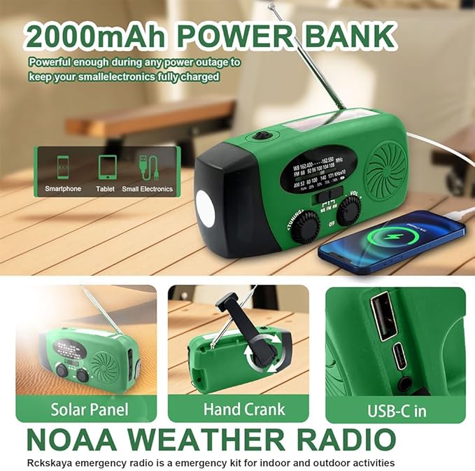 2000mAh/7400mWh Emergency Hand Crank Radio, NOAA Emergency Weather Radio Flashlight (Army Green)