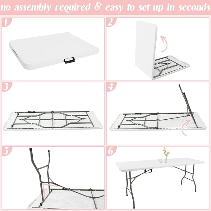Fivenl 5 Feet Portable Folding Table White, Steel Legs Fold-in-Half with Carrying Handle Rectangular Plastic Foldable Table for Party, Wedding, Camping, Picnic, Dining, Indoor Outdoor Events