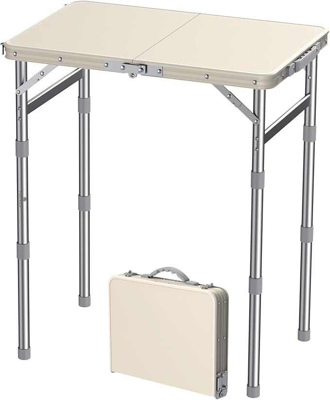 FUNYKICH Camping Table with Waterproof Plastic Tabletop 22.8''x15.7'', 3 Height Adjustable Small Folding Table, Lightweight Portable Picnic Table with Carry Handle for Picnic, Beach, Travel, White