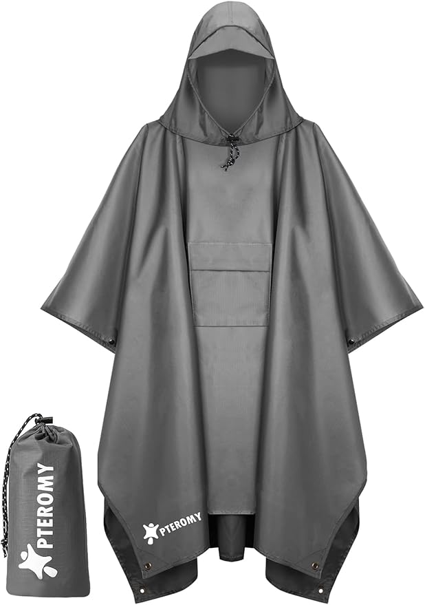 PTEROMY 3-in-1 Hooded Rain Poncho for Adult with Pocket, Waterproof Lightweight Unisex Raincoat for Hiking Camping Emergency