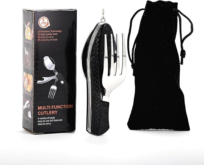 Camping Flatware, Stainless Steel Spoon Fork Knife Bottle Opener 4-in-1 Combo Utensil, Detachable Foldable Cutlery Set for Backpacking Hiking Fishing Scouting - Black