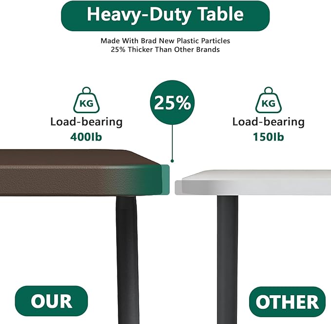 Folding Table 5ft - Heavy Duty Fold-in-Half Plastic Table with Adjustable Height, Portable Utility Tables with Steel Legs for Indoor, Outdoor, Picnic, Camping, Dining, Party (Brown)